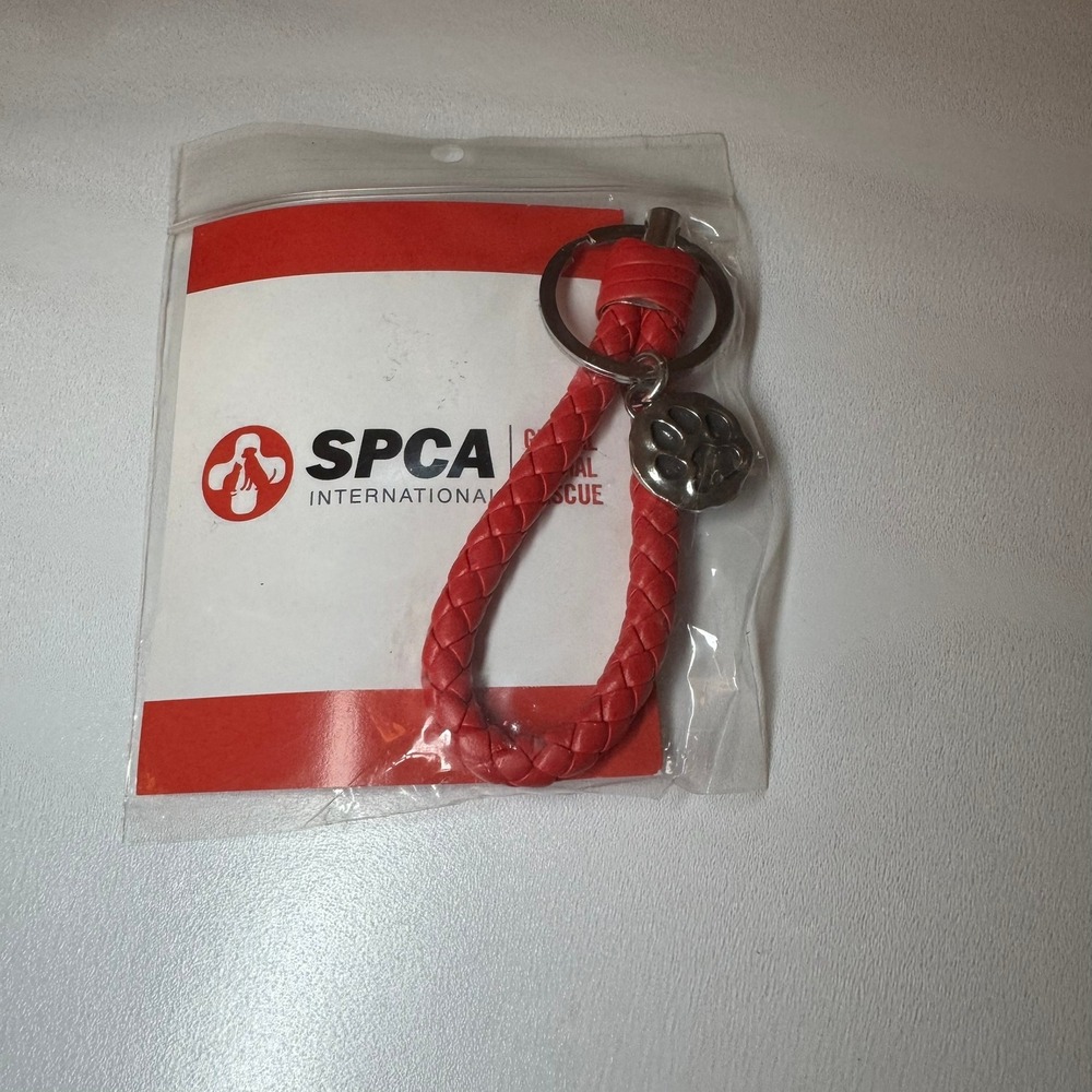 SPCA International Red Braided Faux Leather Paw Print Charm Keychain